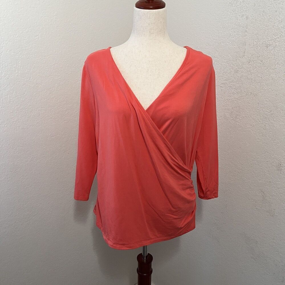 Talbots Woman Coral Wrap Top Size 1X Stretch Long Sleeve Deep V-Neck